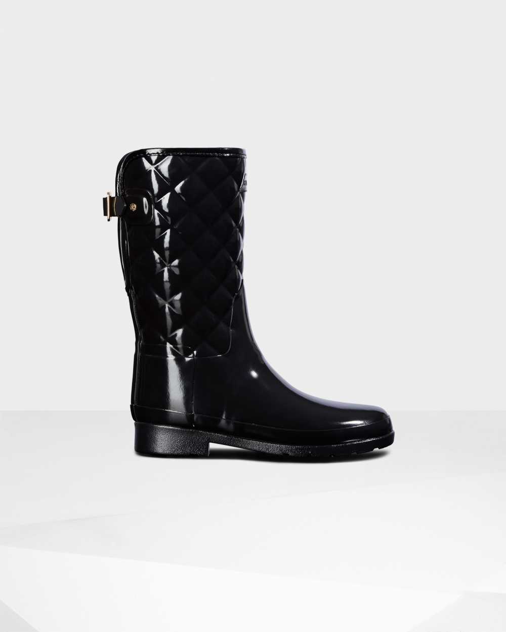 Womens Hunter Refined Slim Fit Adjustable Quilted Short Mid-Calf Rain Boots Black | AHXNPW-315